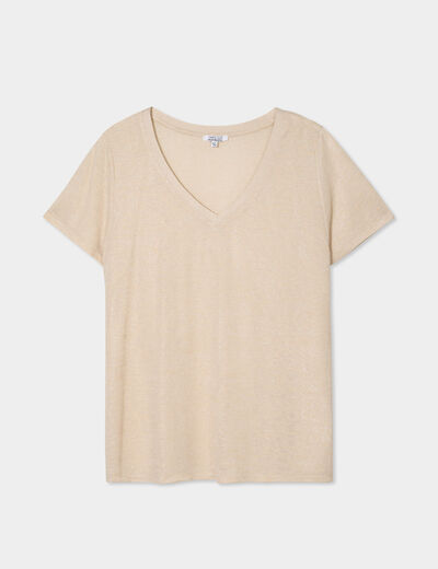 T-shirt col en V manches courtes beige femme grande taille
