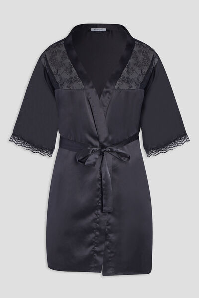 Déshabillé satiné grande taille noir femme grande taille