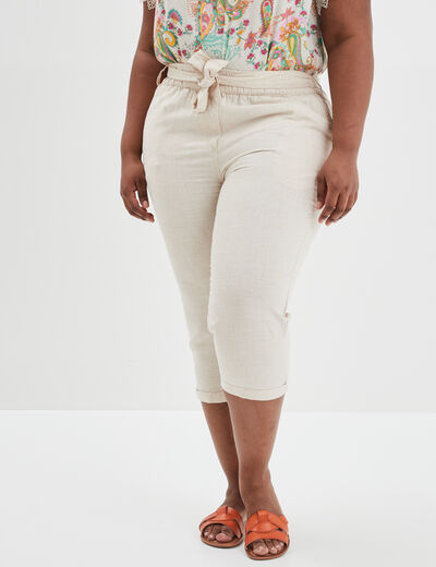 Pantacourt droit ceinturé mélange de lin beige femme grande taille