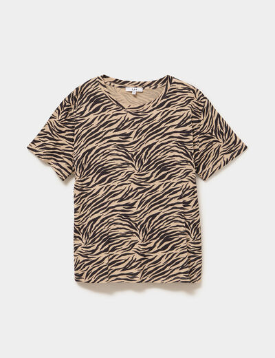 T-shirt coton col rond manches courtes beige moyen femme