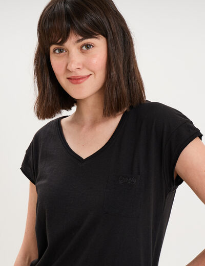 T-shirt col v poche poitrine noir femme