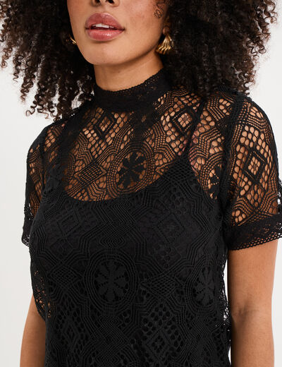 T-shirt dentelle manches courtes noir femme