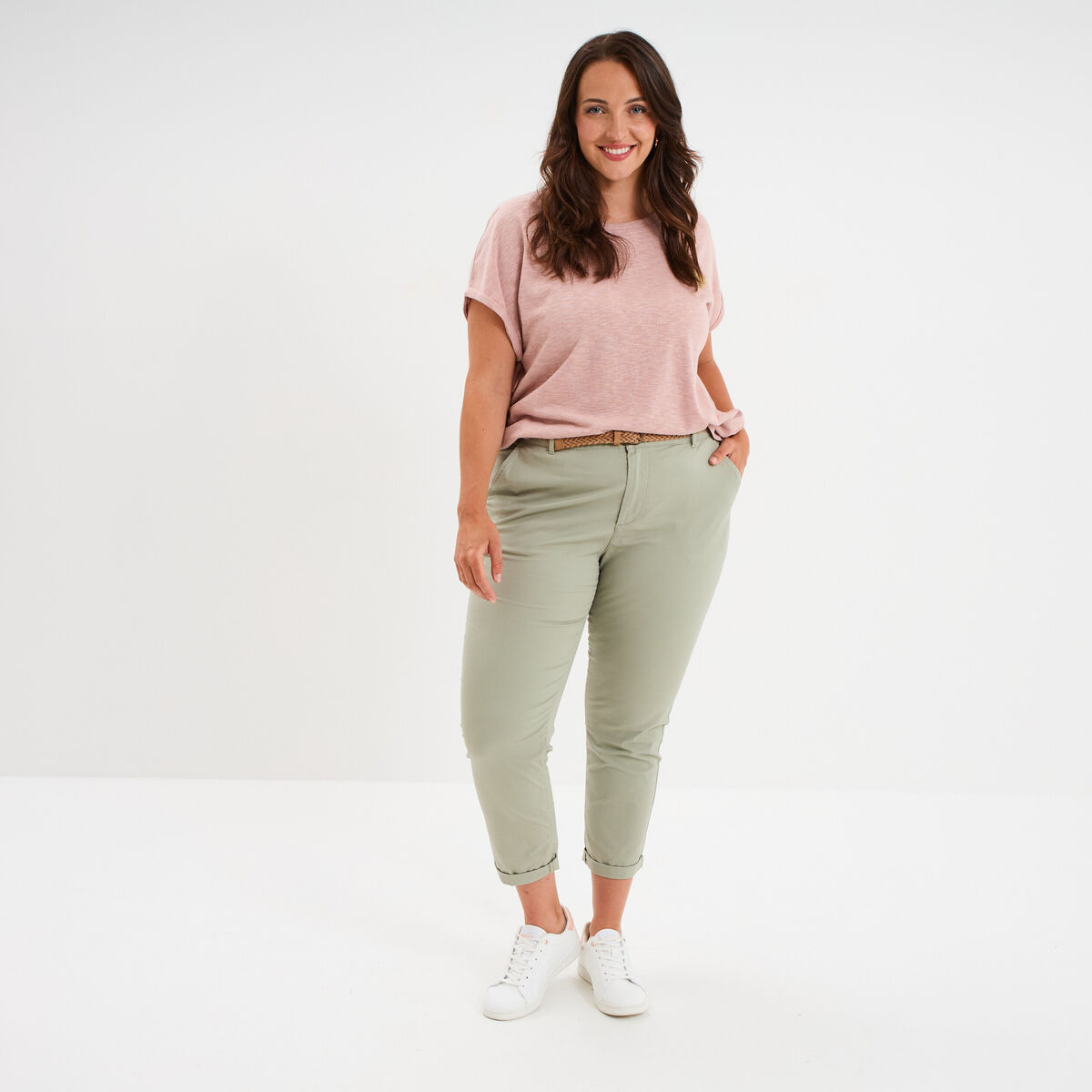 Pantalon chino taille haute coton vert kaki femme grande taille