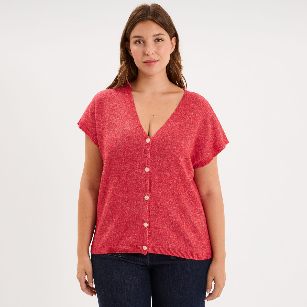 Gilet manches courtes col en V rose cerise femme grande taille