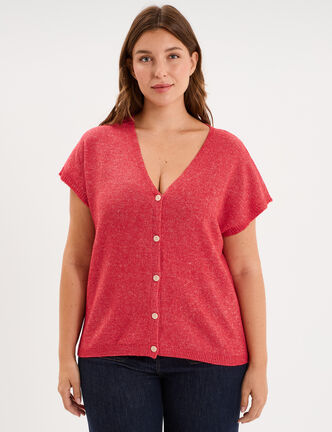 Gilet manches courtes col en V rose cerise femme grande taille