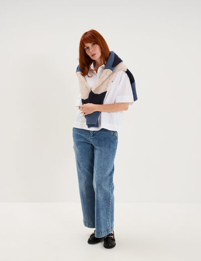 Jean large cropped &agrave; pont taille haute denim triple stone femme