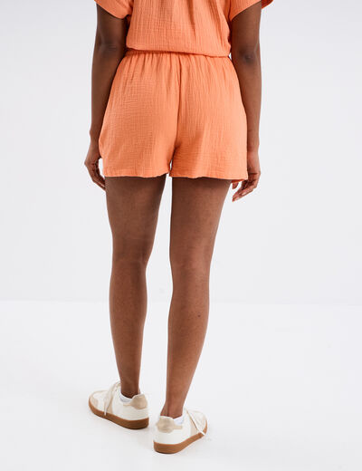 Short taille élastiquée gaze de coton orange corail femme