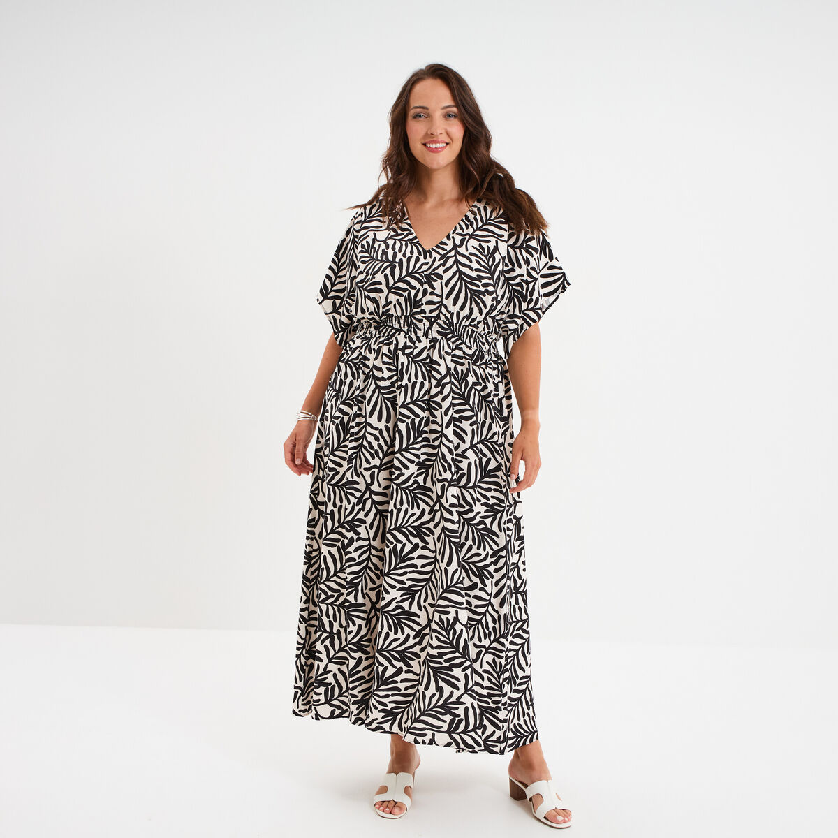 Robe longue fluide manches 3/4 blanc femme grande taille