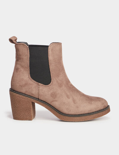 Bottines chelsea &agrave; talons aspect su&eacute;dine taupe femme