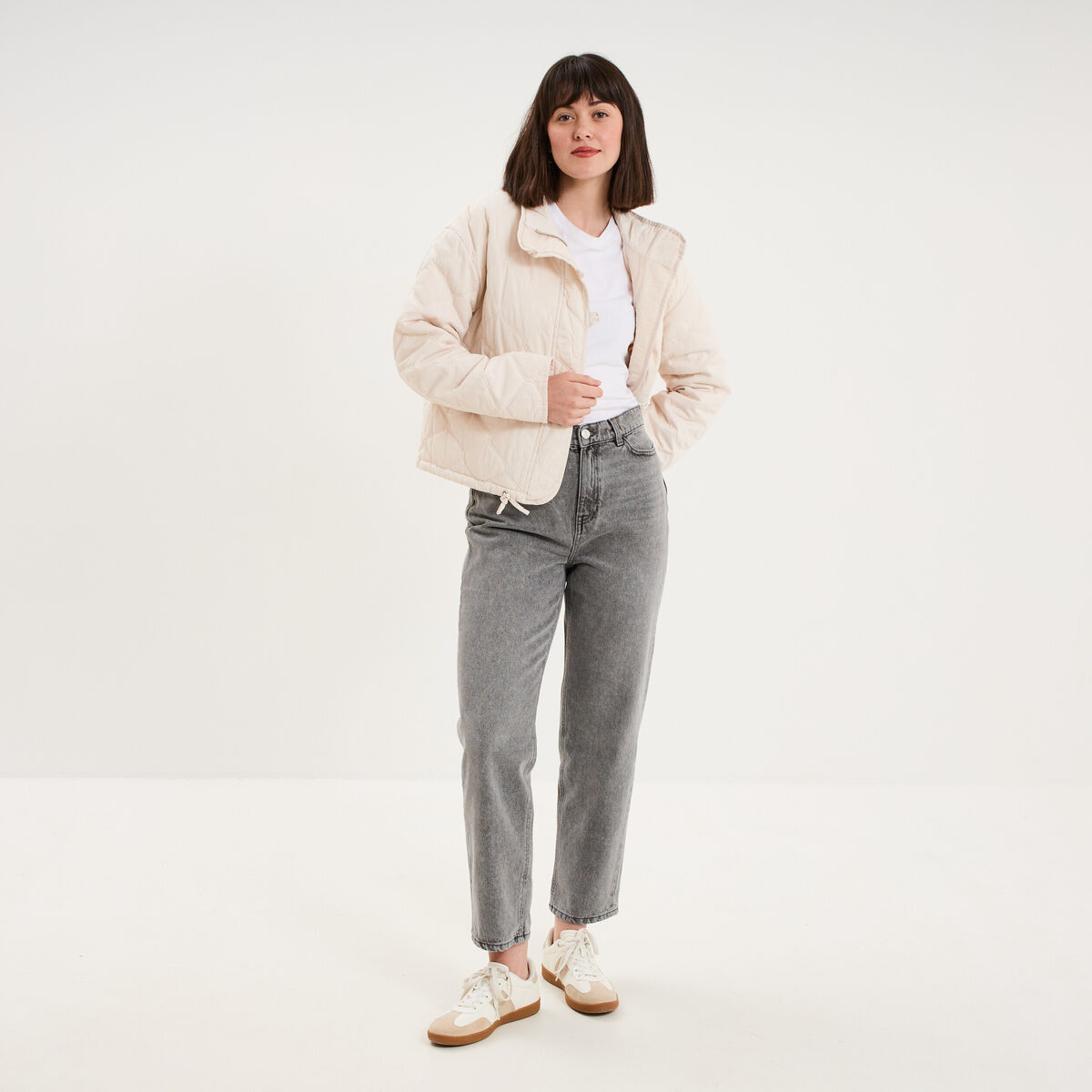 Jeans mom cropped taille haute denim gris clair femme