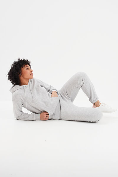 Pantalon jogging droit molleton gris clair femme