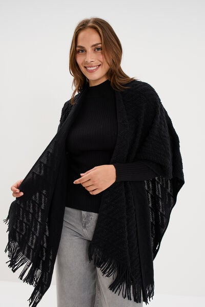 Poncho &agrave; franges ample noir femme