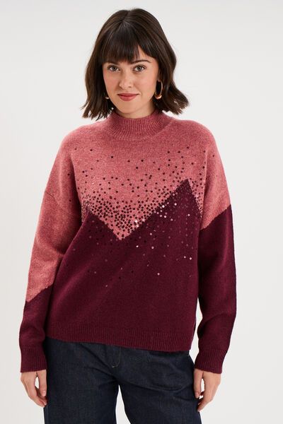 Pull col montant &agrave; sequins oversize bordeaux femme