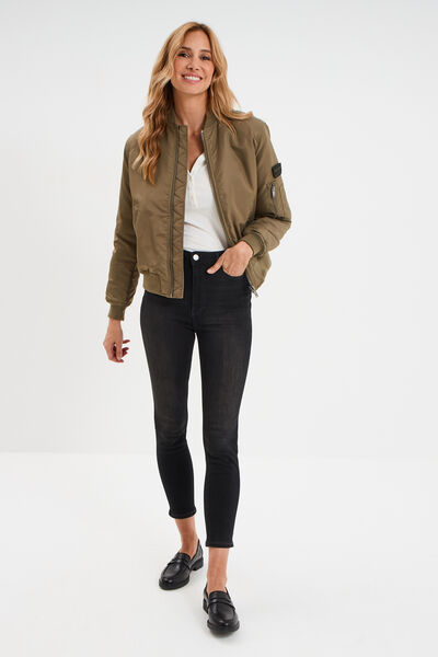 Blouson d&eacute;perlant col teddy vert kaki femme