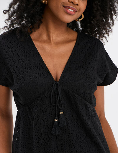 T-shirt dentelle col en V noeud noir femme