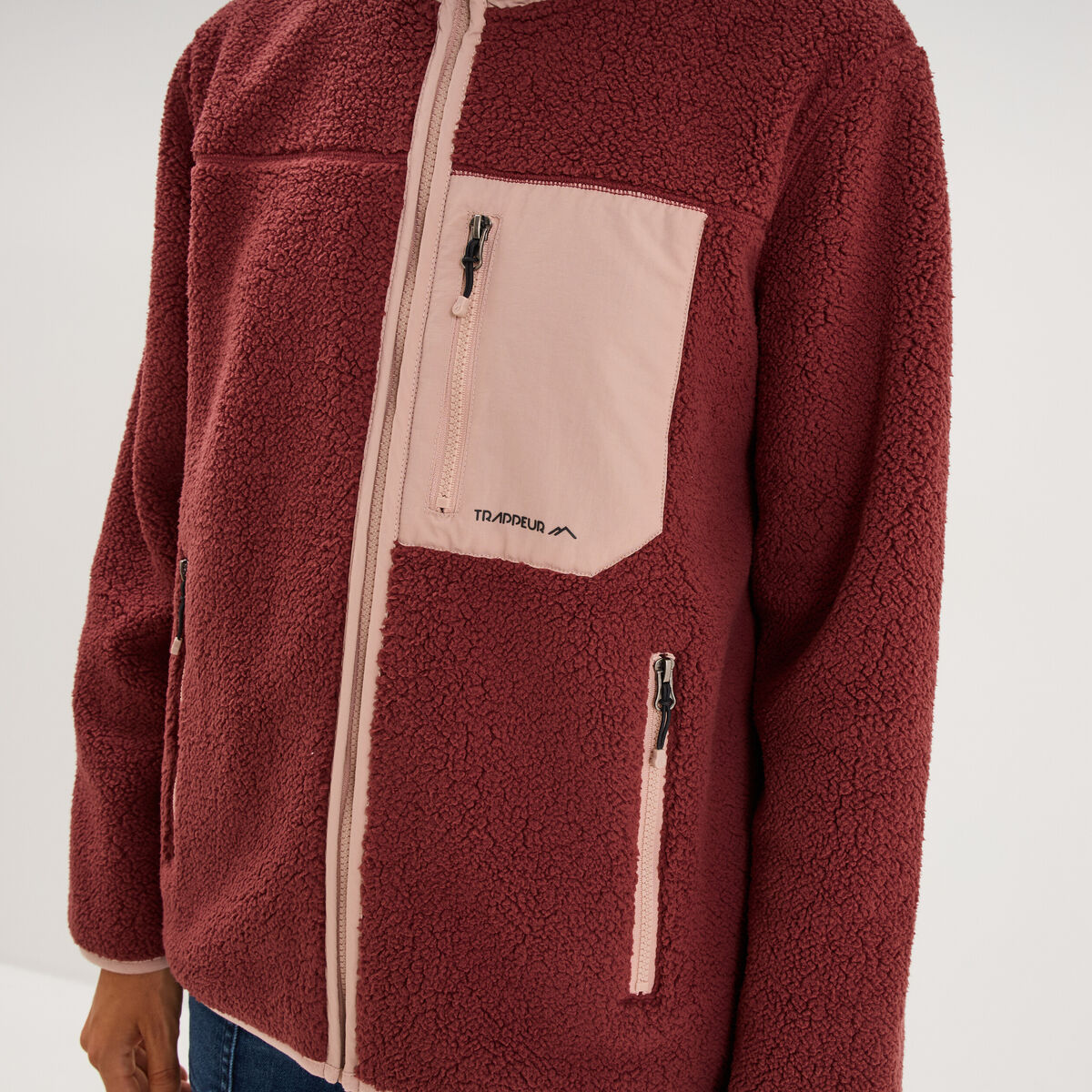Veste zipp&eacute;e effet sherpa 3 poches vieux rose femme