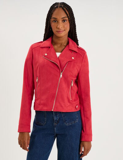 Veste biker effet su&eacute;dine rose cerise femme