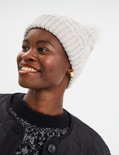 Bonnet &agrave; pompon fausse fourrure gris femme
