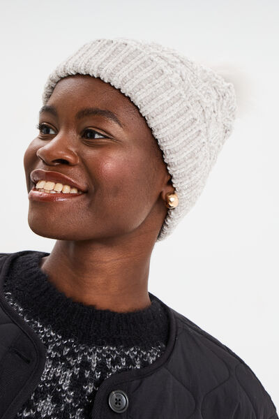 Bonnet &agrave; pompon fausse fourrure gris femme