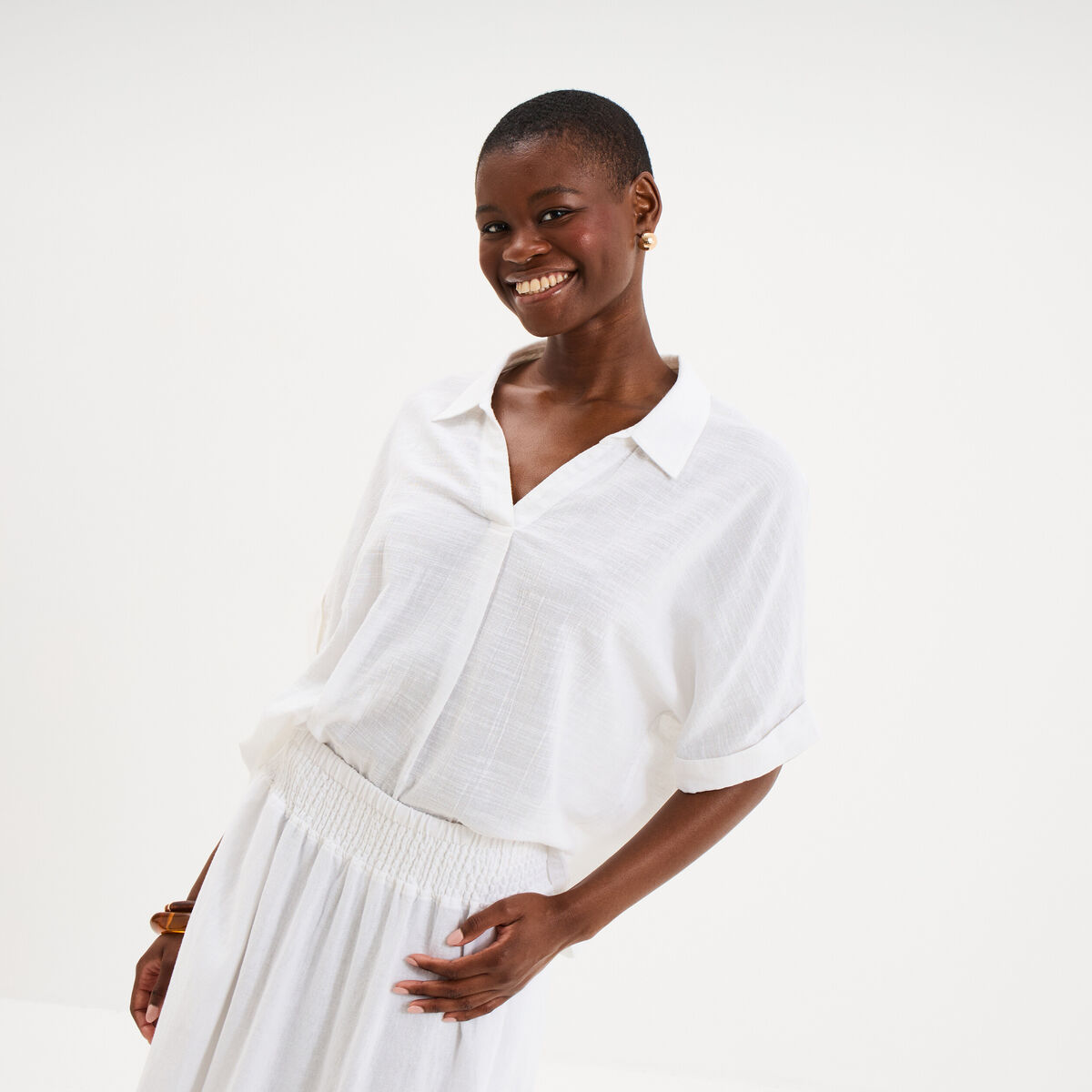 Blouse col chemise oversize coton blanc femme