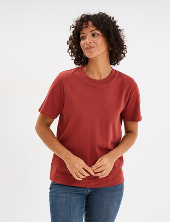 T-shirt col rond manches courtes coton rouge foncé femme