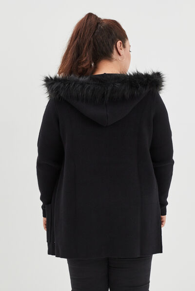 Gilet long capuche et fausse fourrure noir femme grande taille