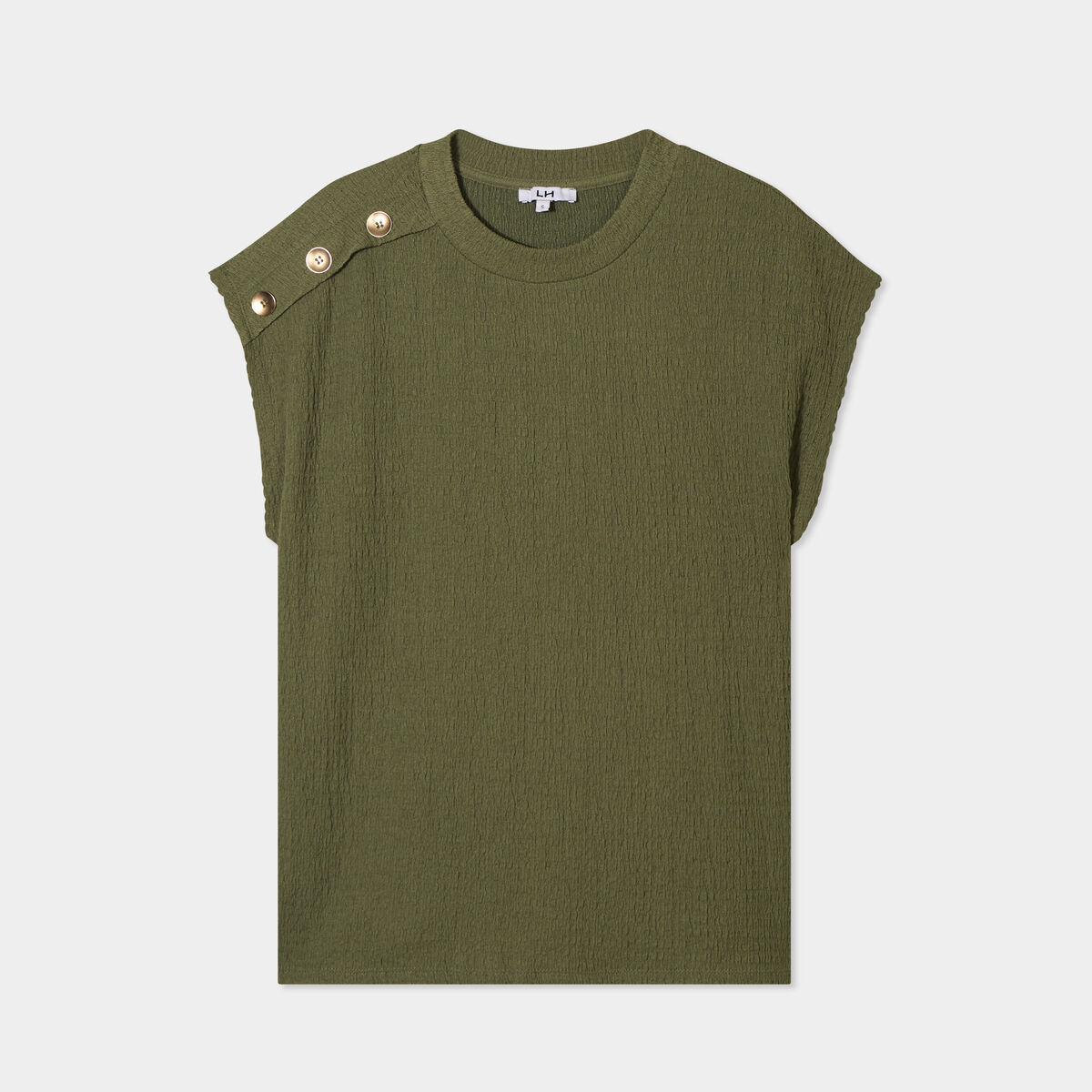 T-shirt gaufr&eacute; col rond avec boutons vert kaki femme