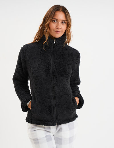 Veste effet polaire col montant noir femme