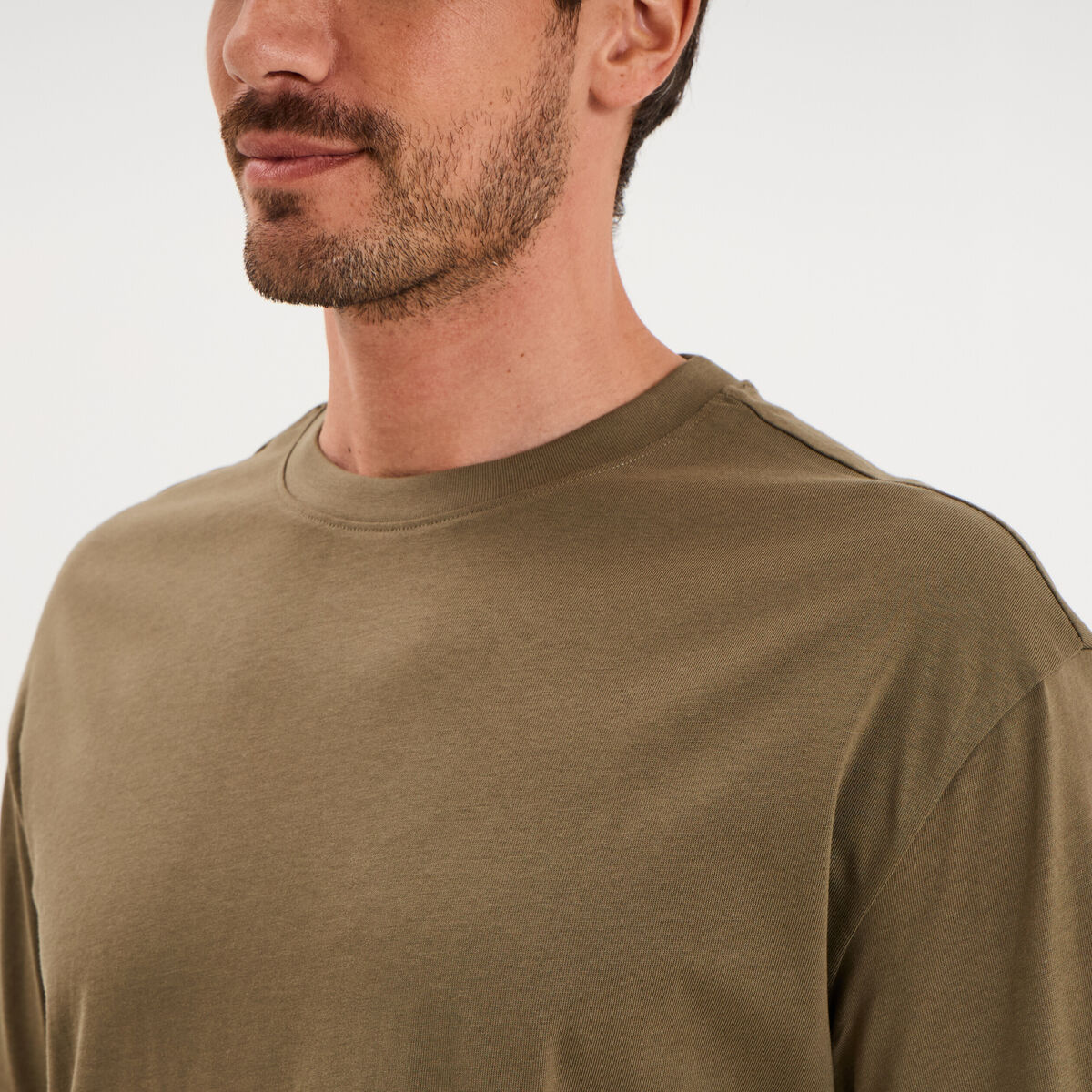 T-shirt col rond coupe relax coton &eacute;pais vert kaki homme