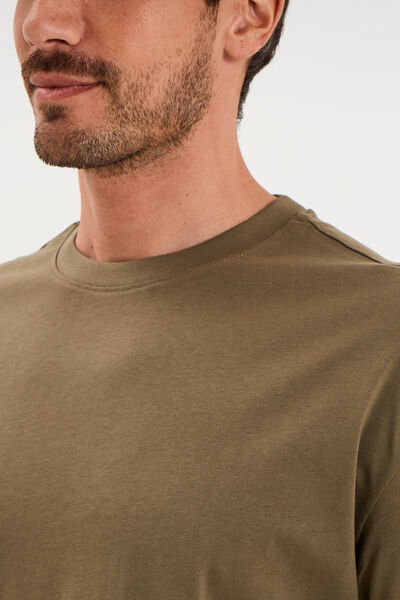 T-shirt col rond coupe relax coton &eacute;pais vert kaki homme