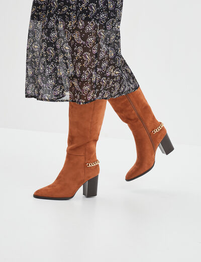 Bottes hautes détails chaînes à talons marron cognac femme