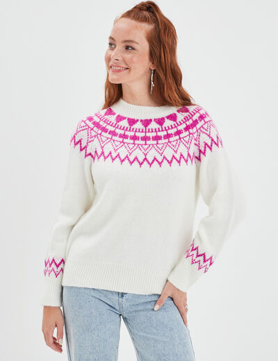 Pull jacquard col rond Creeks blanc femme