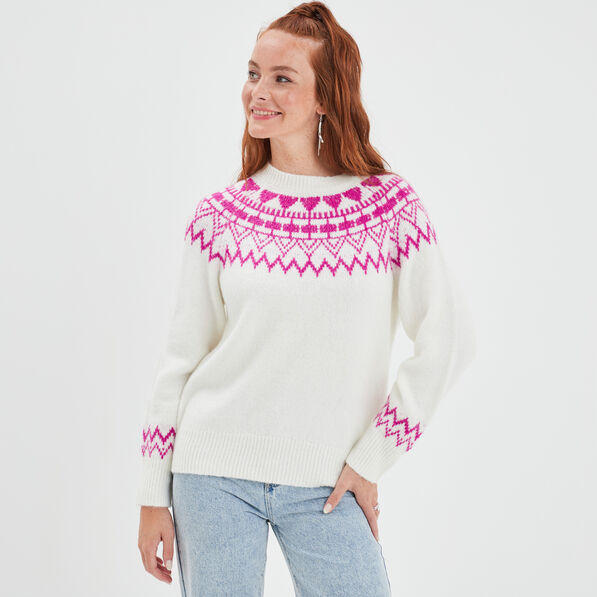 Pull jacquard col rond Creeks blanc femme