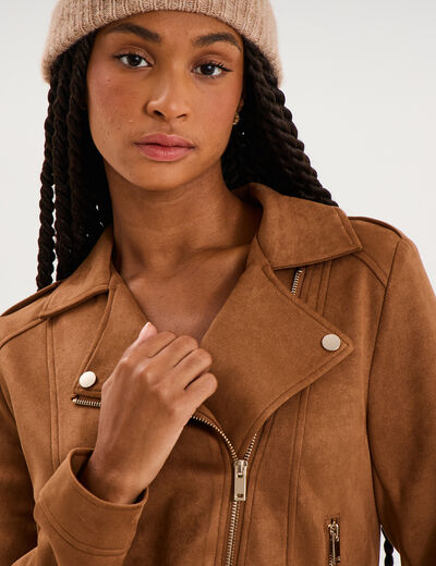 Veste biker effet su&eacute;dine camel femme