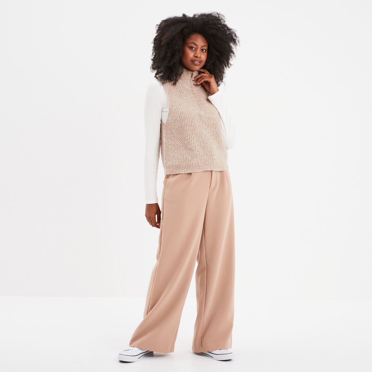 Pull col camionneur sans manches beige femme