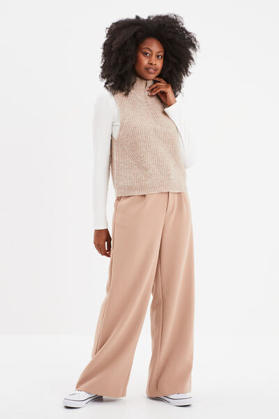 Pull col camionneur sans manches beige femme