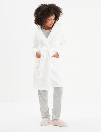 Peignoir long effet polaire à capuche ivoire femme