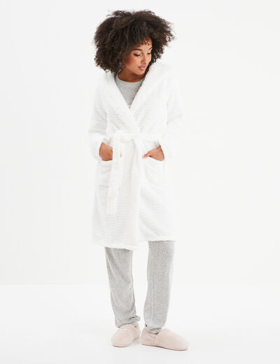 Peignoir long effet polaire à capuche ivoire femme