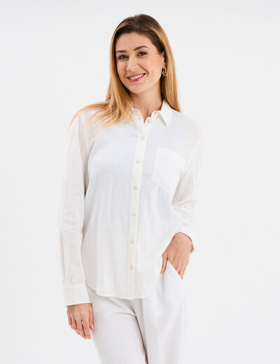 Chemise mélange lin manches longues blanc femme