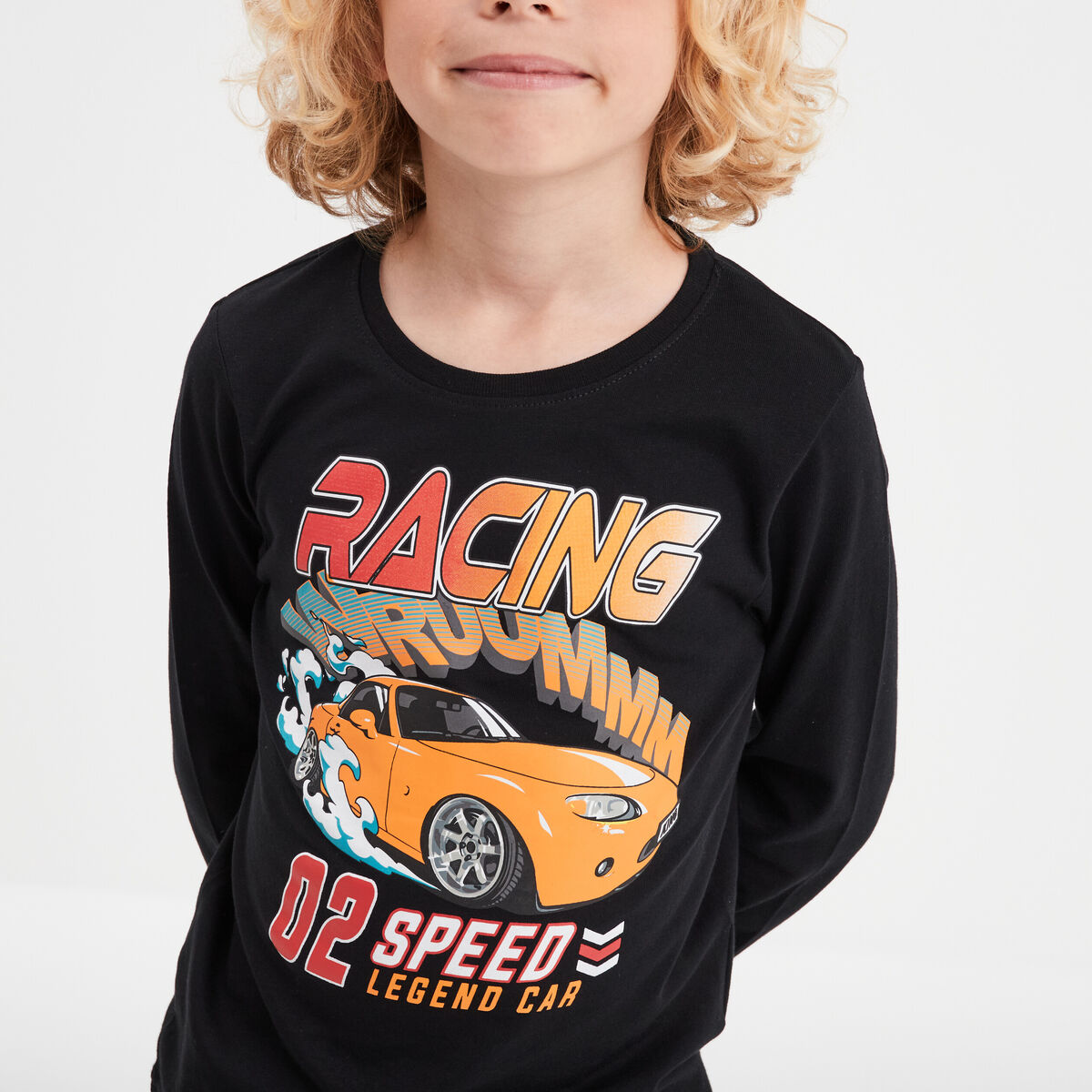 T-shirt col rond manches longues coton noir garçon