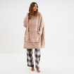 Poncho plaid effet velours &agrave; capuche beige femme