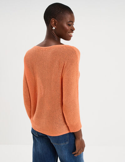 Pull droit col rond manches longues orange corail femme