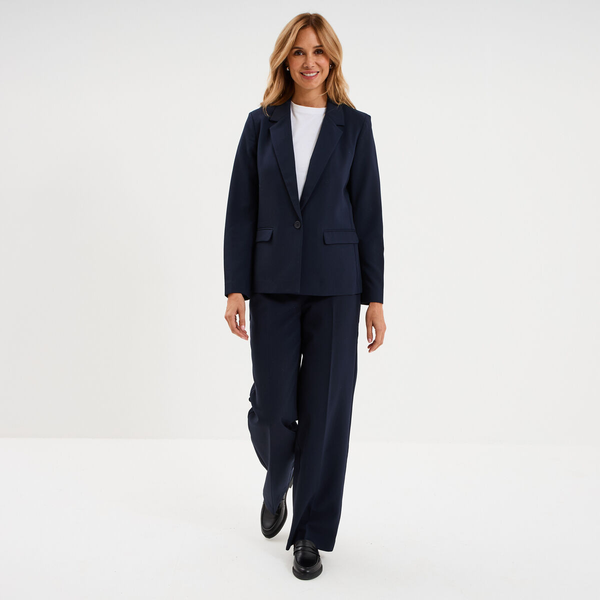 Pantalon taille haute droit avec pinces bleu fonc&eacute; femme
