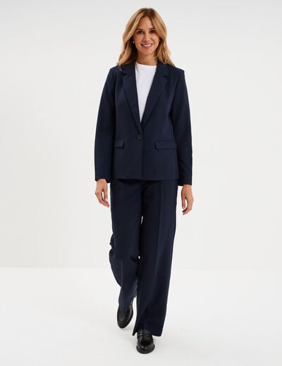 Pantalon taille haute droit avec pinces bleu fonc&eacute; femme