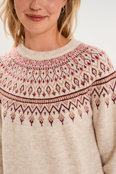 Pull jacquard col rond manches longues ecru femme