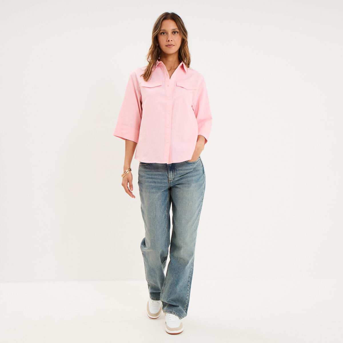 Chemise manches 3/4 poches poitrine rose clair femme