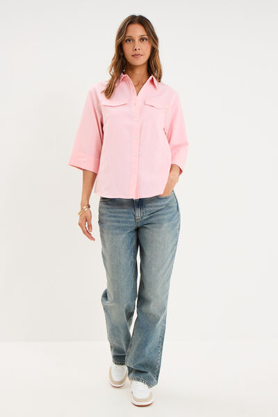 Chemise manches 3/4 poches poitrine rose clair femme