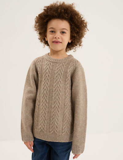 Pull manches longues col rond beige gar&ccedil;on