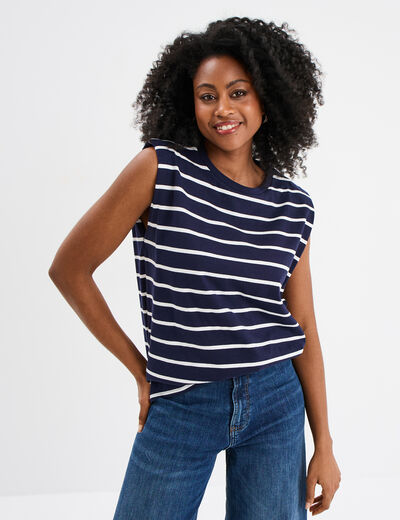 T-shirt avec épaulettes col rond coton ecru femme