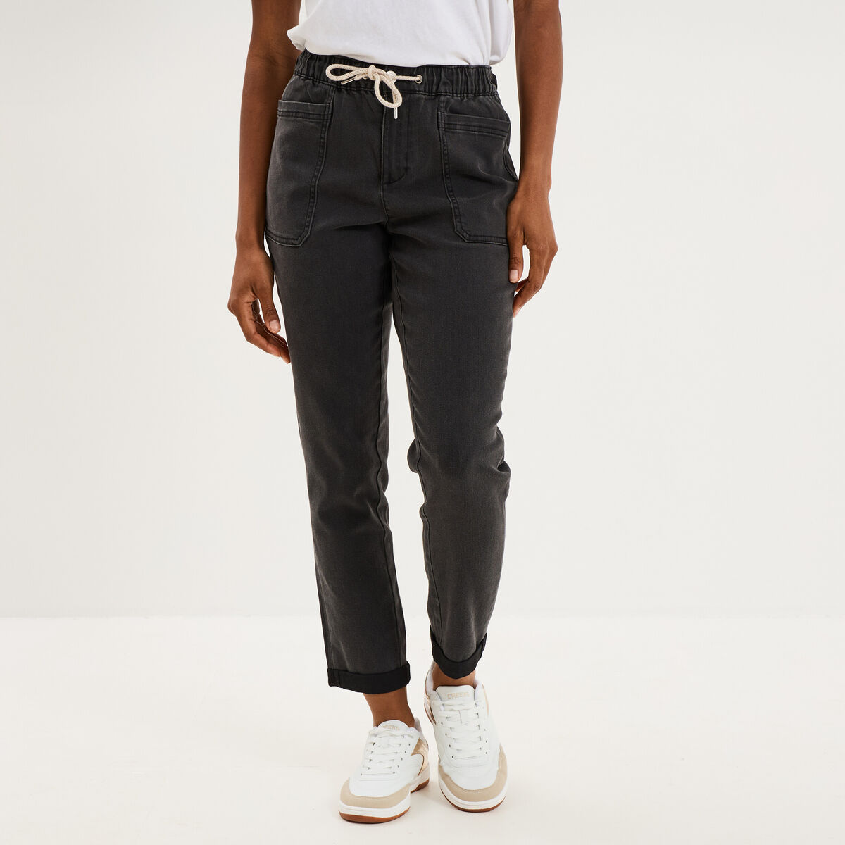 Jeans droit cropped taille &eacute;lastiqu&eacute;e denim noir femme